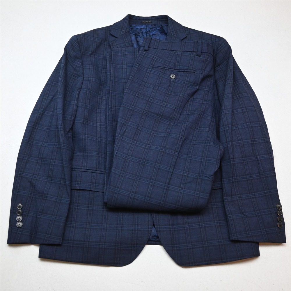 Joseph Abboud 44S 36x30 Blue Plaid Slim Wool Mens Jacket Pants Suit
